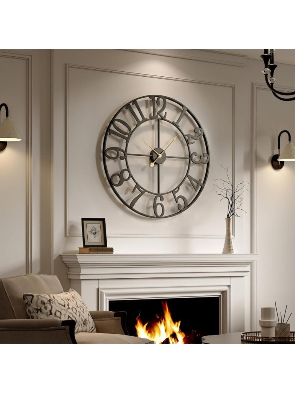 30-Inch Large Black Metal Wall Clock for Stylish Living Room Decor